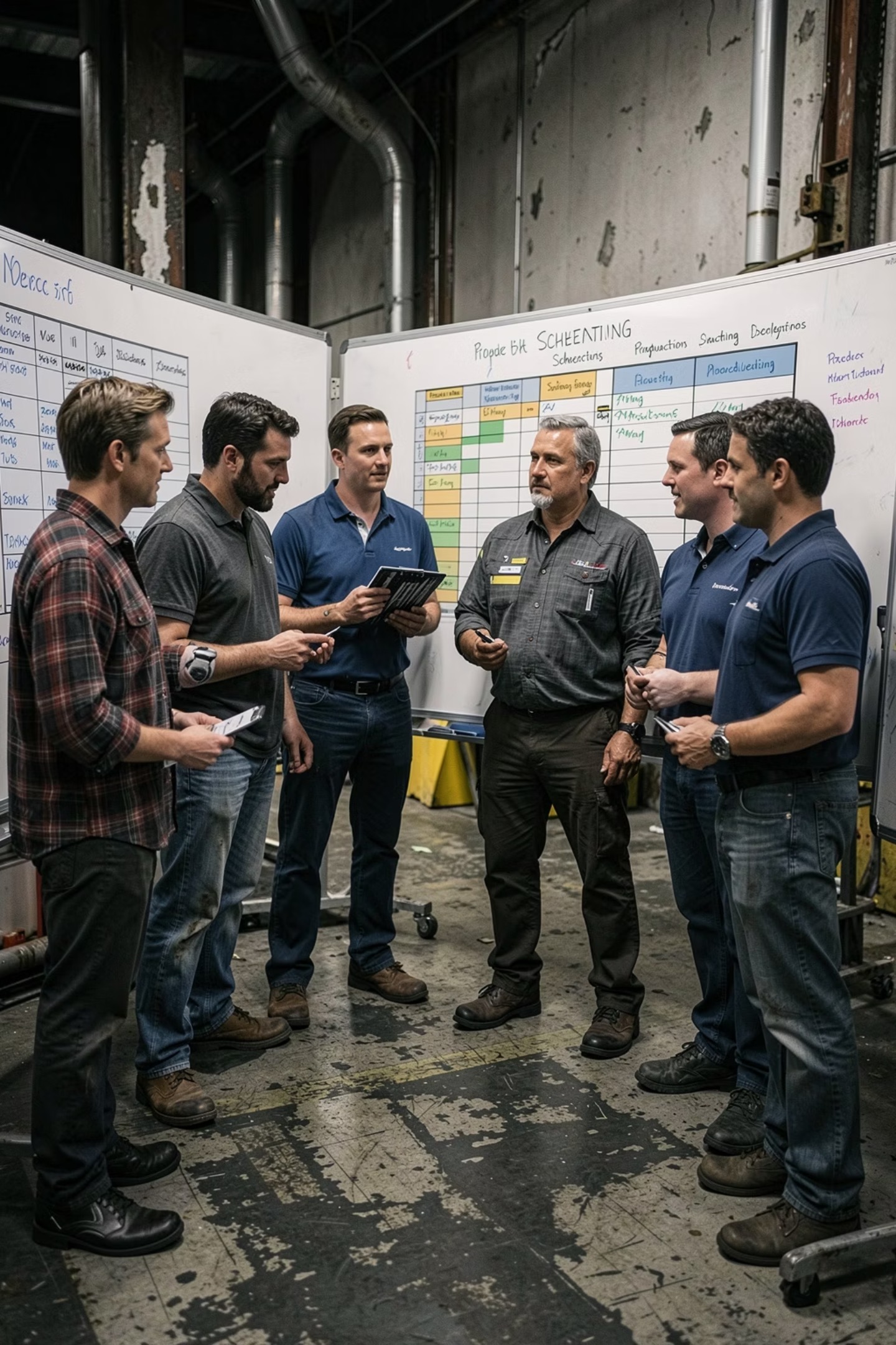 Manufacturing leadership team collaborating around a scheduling board on the shop floor