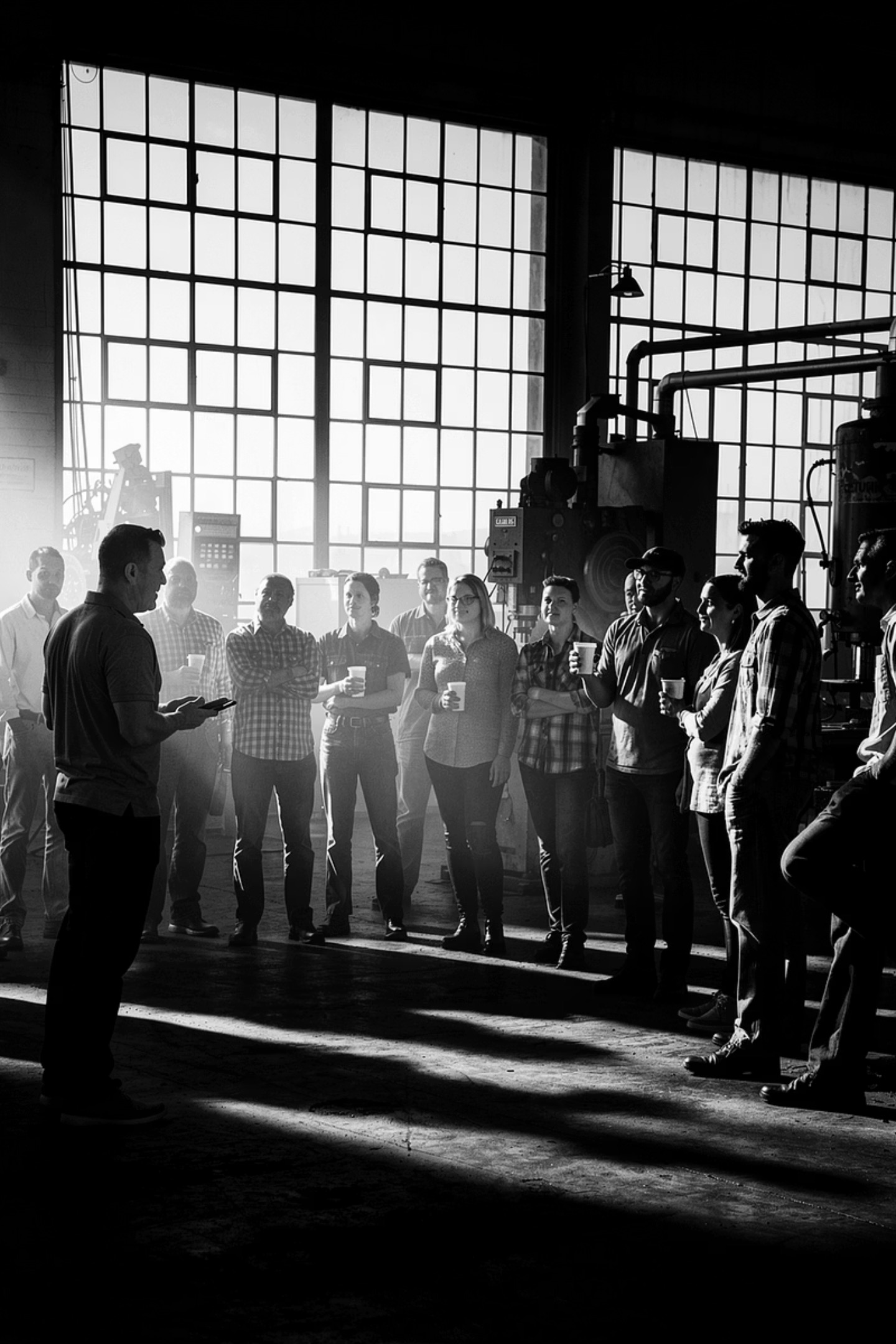 Manufacturing team gathered for a leadership conversation on the shop floor